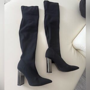 Zara Black Over the Knee Boots with Silver Heel